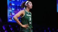 Angel Reese (5) of the Rose takes a moment against the Vinyl during a timeout in the first half of the Unrivaled women’s professional 3v3 basketball league at Wayfair Arena.