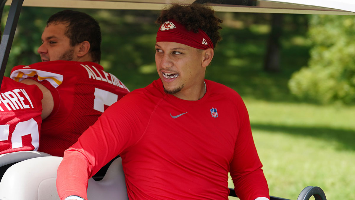 Kansas City Chiefs quarterback Patrick Mahomes (15) rides a golf cart to the locker rooms during training camp at Missouri Western State University.