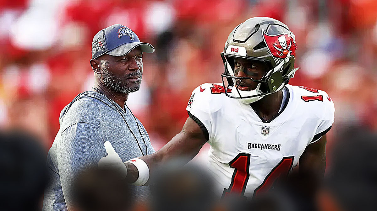 Buccaneers coach Todd Bowles looking at Chris Godwin.