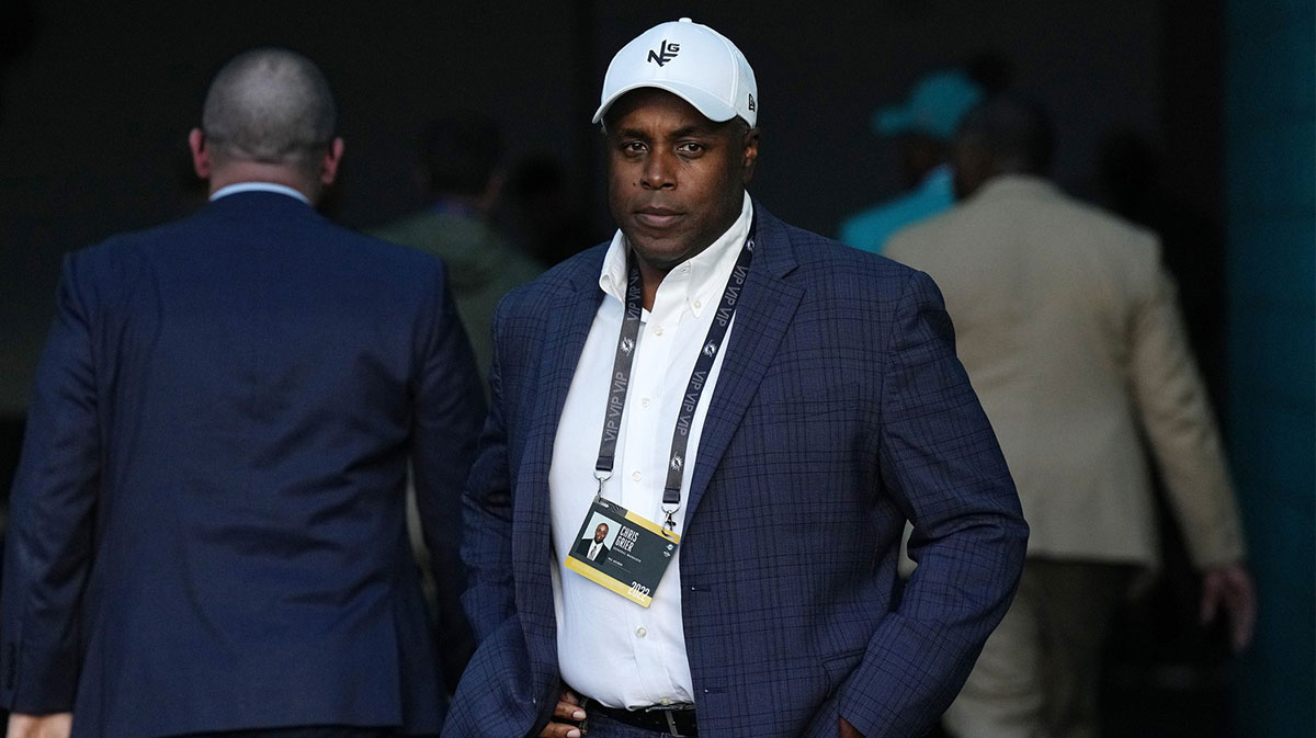 Miami Dolphins General Manager Chris Grier waits for his team to come off the field after defeating the Cleveland Browns 39-17 at Hard Rock Stadium in Miami Gardens, Nov. 13, 2022.