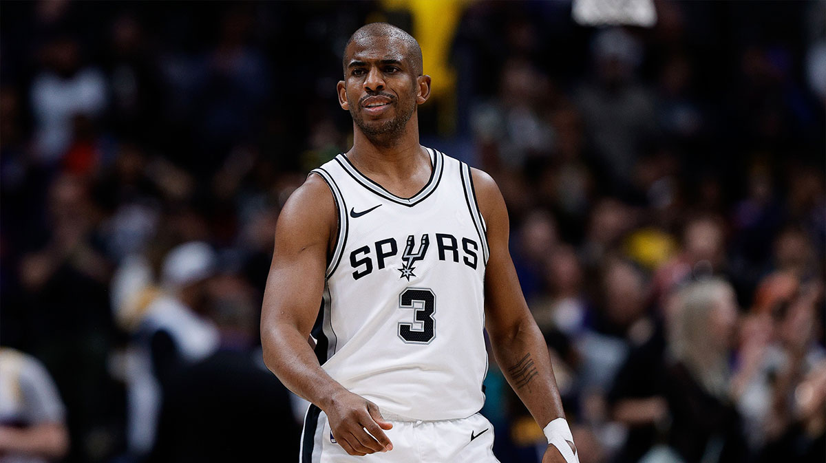 San Antonio Spurs guard Chris Paul (3) in the first quarter against the Denver Nuggets at Ball Arena.