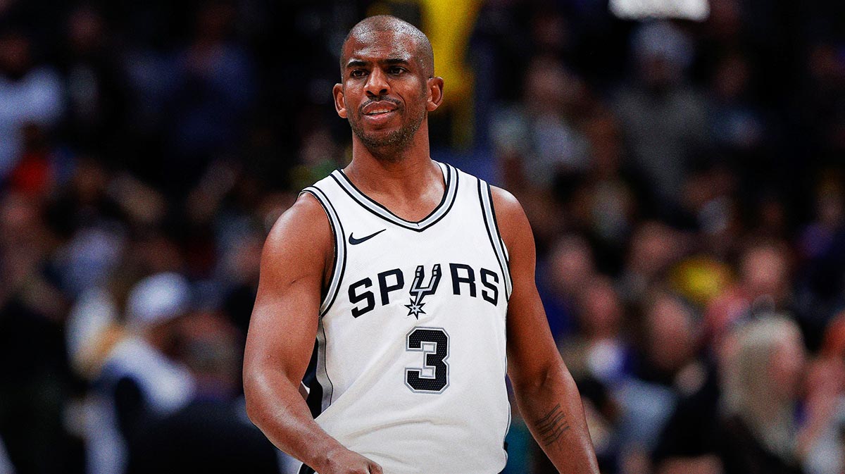 San Antonio Spurs guard Chris Paul (3) in the first quarter against the Denver Nuggets at Ball Arena.
