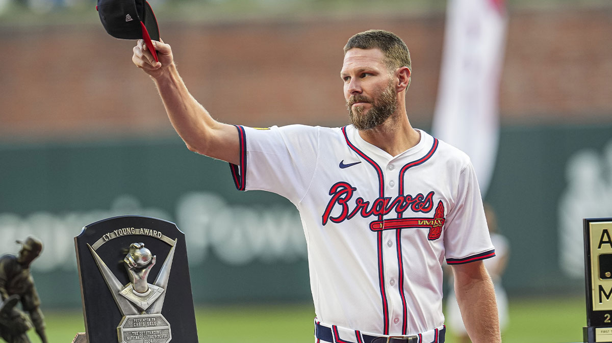 Atlanta Braves pitcher Chris Sale (51) reacts to the fans as he is honored for winning the 2024 NL Cy Young Award and other awards prior to the game against the Philadelphia Phillies at Truist Park.