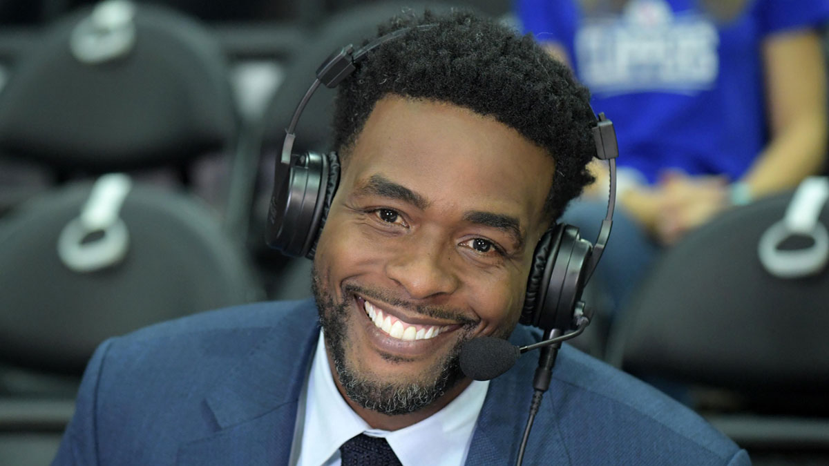TNT broadcasters Chris Webber poses during an NBA basketball game between the Oklahoma City Thunder and the Los Angeles Clippers at Staples Center. The Thunder defeated the Clippers 127-117.