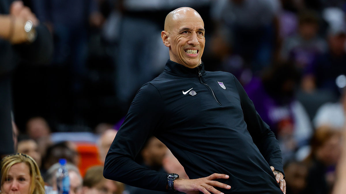 Sacramento Kings interim head coach Doug Christie reacts during the fourth quarter against the Dallas Mavericks at Golden 1 Center.