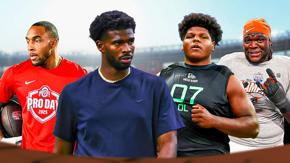 Shedeur Sanders, Josh Conerly Jr, TreVeyon Henderson, Cameron Williams all beside each other, Cleveland Browns wallpaper in the background