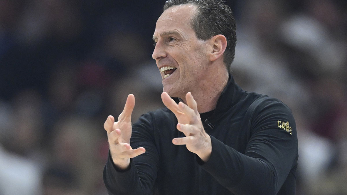 Cleveland Cavaliers head coach Kenny Atkinson reacts in the first quarter of game two of the first round of the 2025 NBA Playoffs against the Miami Heat at Rocket Arena.