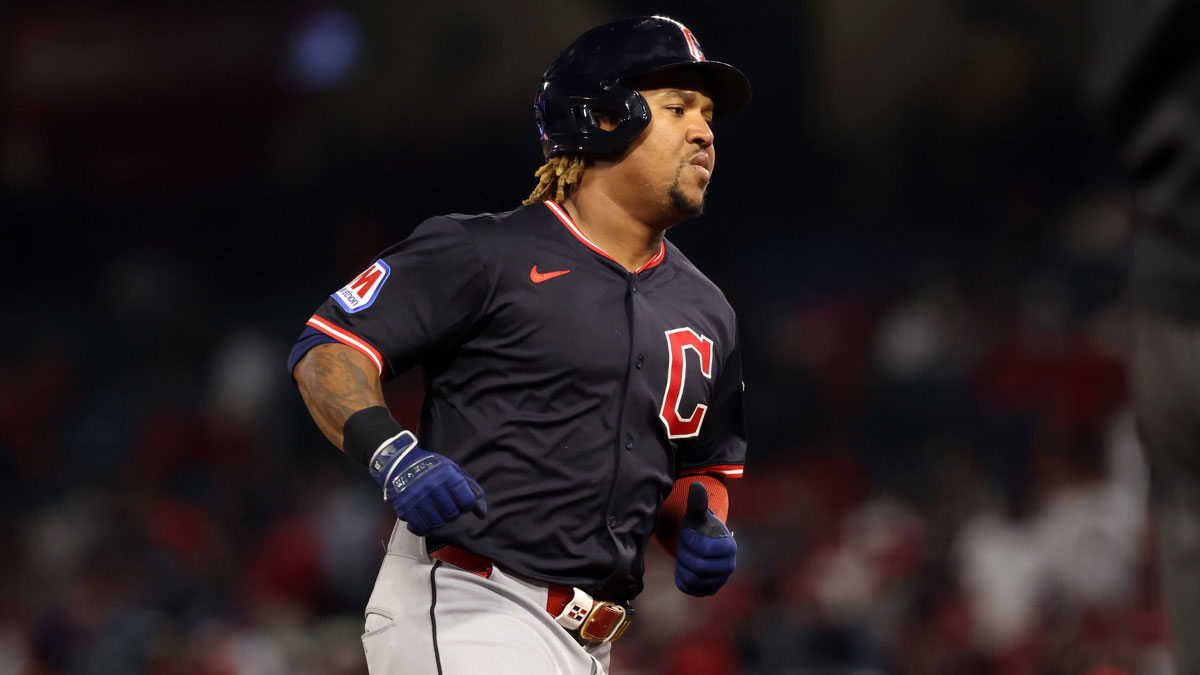 Apr 4, 2025; Anaheim, California, USA; Cleveland Guardians third baseman Jose Ramirez (11) runs around bases after hitting his third home run of the game during the ninth inning against the Los Angeles Angels at Angel Stadium. Mandatory Credit: Kiyoshi Mio-Imagn Images