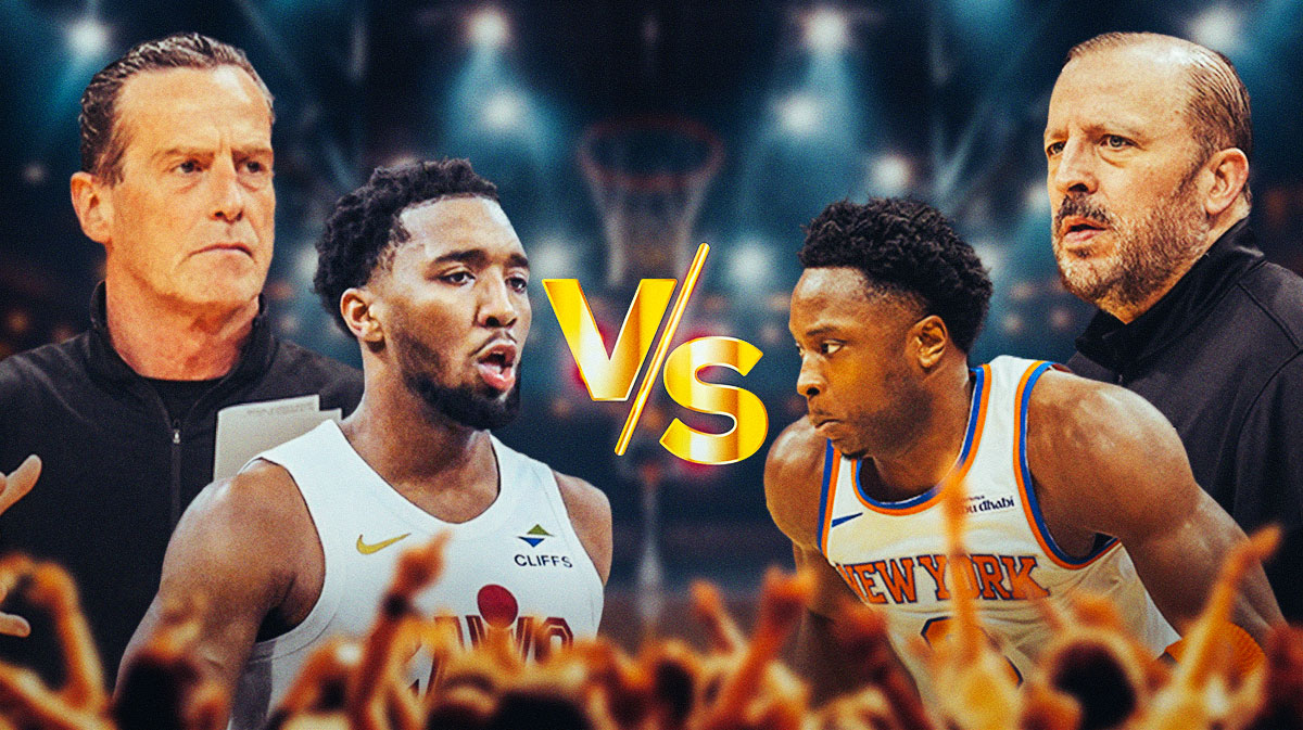 Kenny Atkinson and Donovan Mitchell on the left and OG Anunoby and Tom Thibodeau on the right with a video game VERSUS in between them featuring a Cavs-Knicks-themed BG.