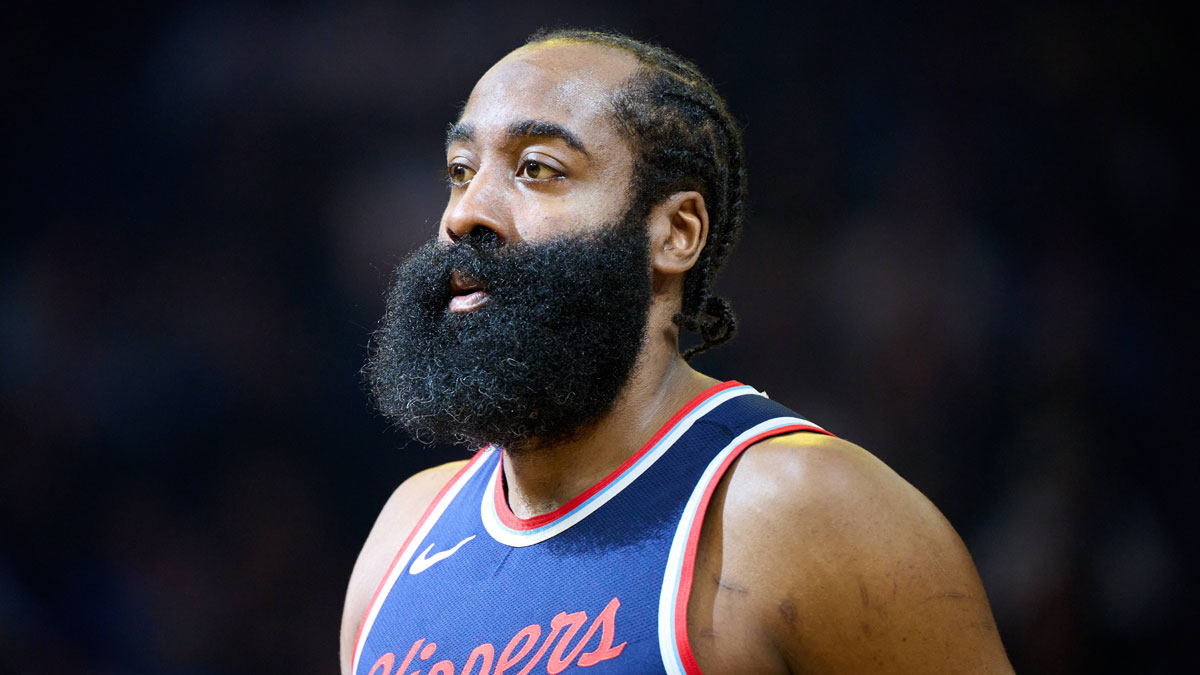 LA Clippers guard James Harden (1) walks on the court against the Golden State Warriors during the first quarter at Chase Center.