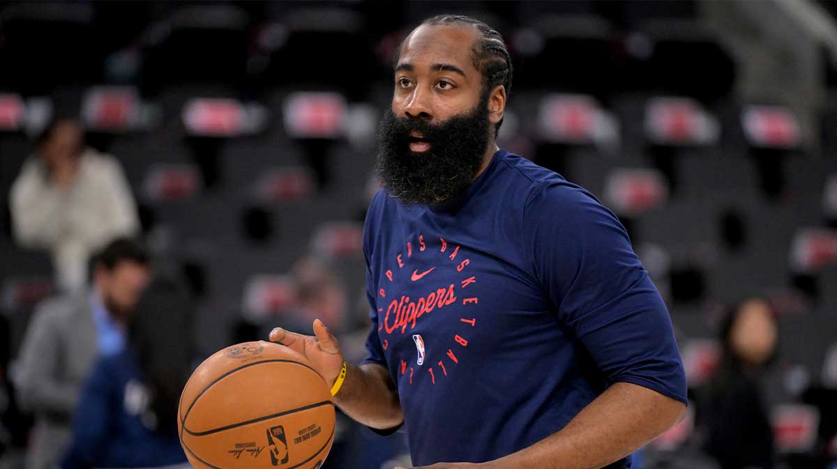 Los Angeles Clippers guard James Harden (1) warms up prior to game four of round one of the 2024 NBA Playoffs against the Denver Nuggets at Intuit Dome.