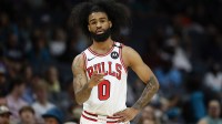 Chicago Bulls guard Coby White (0) stands on the court during the first quarter against the Charlotte Hornets at Spectrum Center.