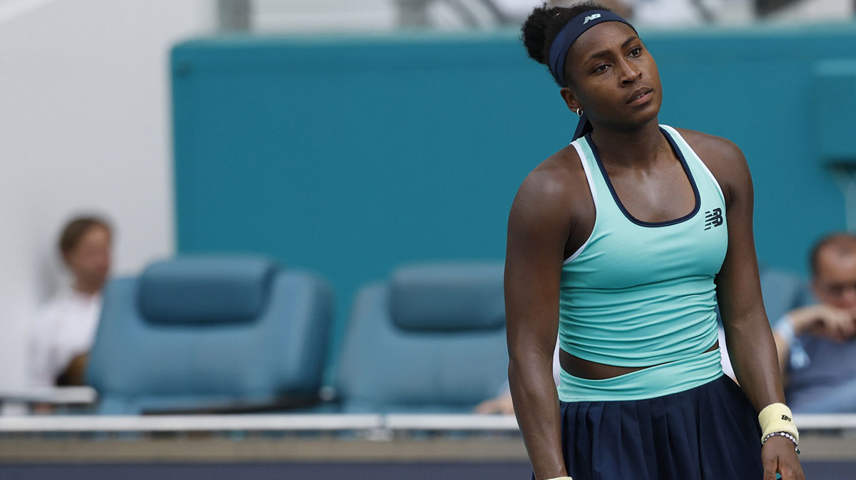Coco Gauff (USA) reacts after losing a point against Magna Linette (POL)(not pictured) on day seven of the Miami Open at Hard Rock Stadium.