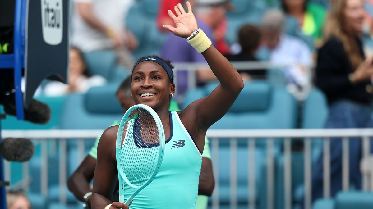 Coco Gauff (USA) waves to the crowd after her match against Maria Sakkari (GRE)(not pictured) on day five of the Miami Open at Hard Rock Stadium.
