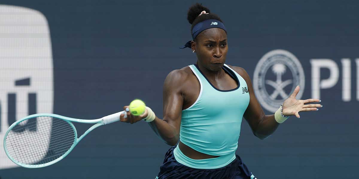 Mar 24, 2025; Miami, FL, USA; Coco Gauff (USA) hits a forehand against Magna Linette (POL)(not pictured) on day seven of the Miami Open at Hard Rock Stadium. Mandatory Credit: Geoff Burke-Imagn Images