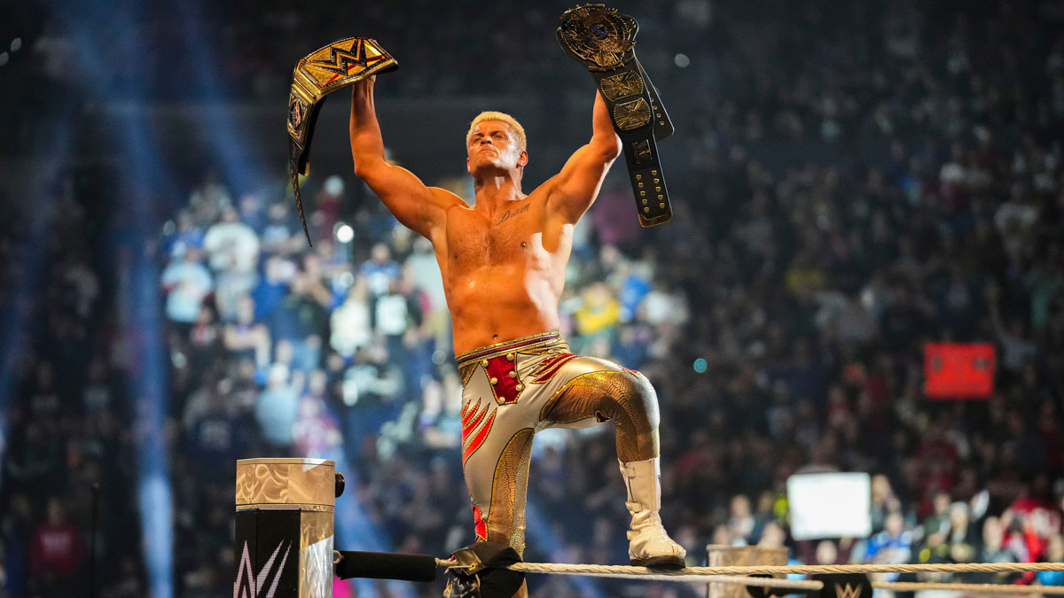 Cody Rhodes holding the WWE Championship, which he lost to John Cena at WrestleMania 41, at the Royal Rumble on February 1, 2025.