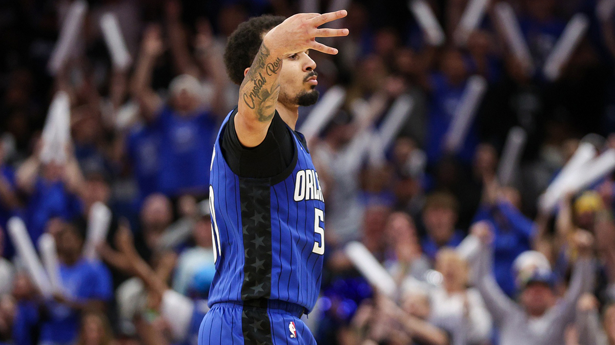 Orlando Magic guard Cole Anthony (50) reacts after making a there point shot against the Atlanta Hawks in the fourth quarter at Kia Center.