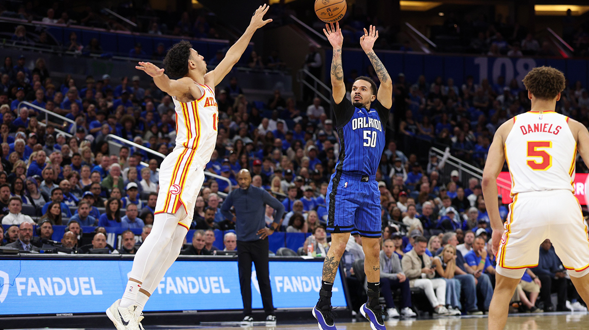 Orlando Magic guard Cole Anthony (50) shoots the ball against the Atlanta Hawks in the fourth quarter at Kia Center.