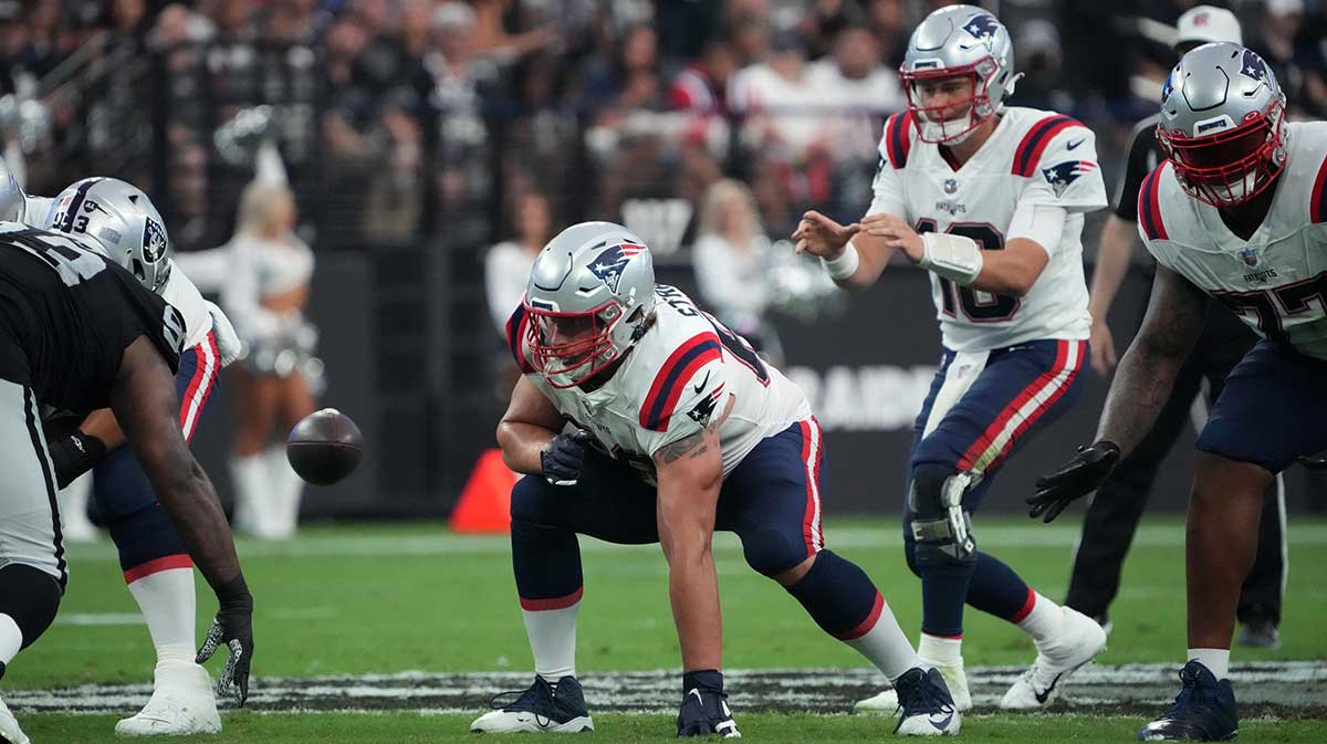 New England Patriots guard Cole Strange (69) in the first half against the Las Vegas Raiders at Allegiant Stadium