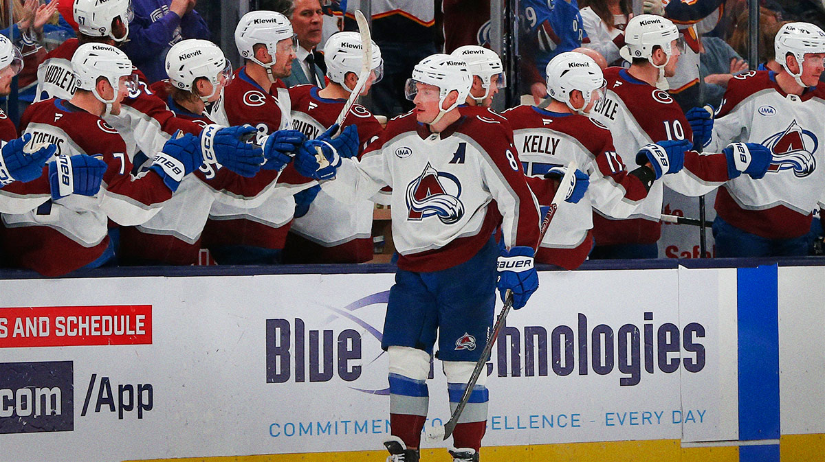 Colorado Avalanche defenseman Cale Makar (8) celebrates his goal against the Columbus Blue Jackets during the second period at Nationwide Arena.