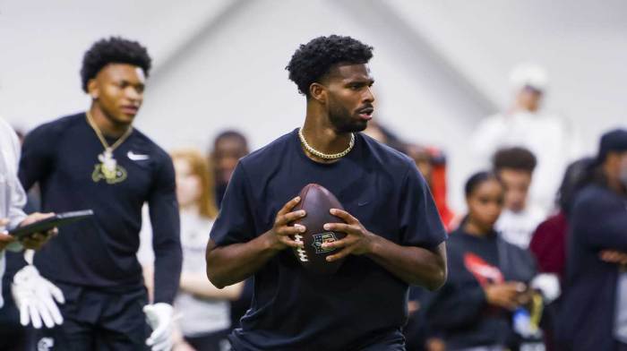 Apr 4, 2025; Boulder, CO, USA; Colorado Buffaloes quarterback Shedeur Sanders (2) passes the ball at the University of Colorado NFL Showcase at the CU Indoor Practice Facility. Mandatory Credit: Michael Ciaglo-Imagn Images