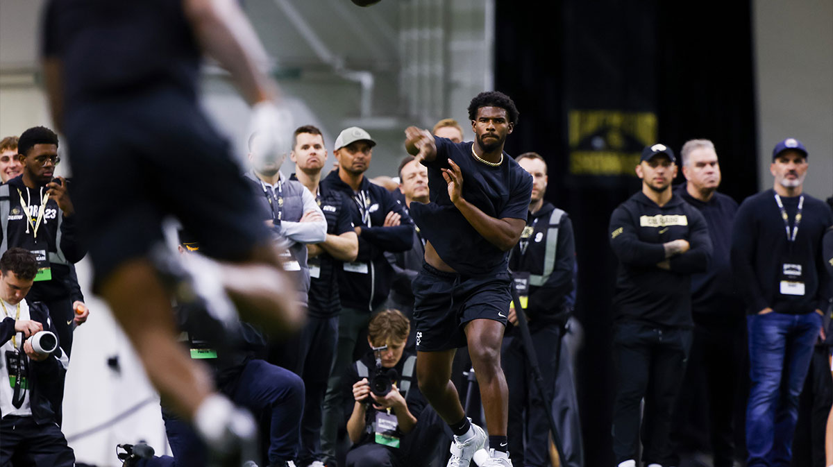 Colorado Buffaloes quarterback Shedeur Sanders (2) passes the ball at the University of Colorado NFL Showcase at the CU Indoor Practice Facility.