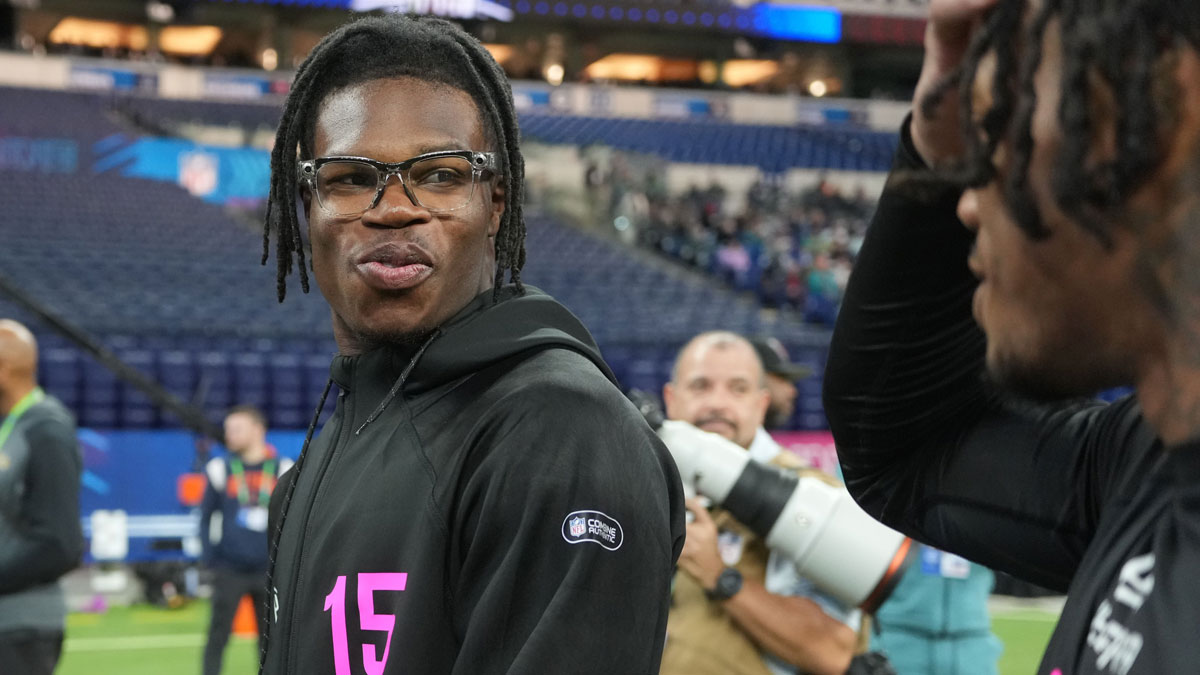 Colorado defensive back Travis Hunter (DB15) looks on during the 2025 NFL Combine at Lucas Oil Stadium.