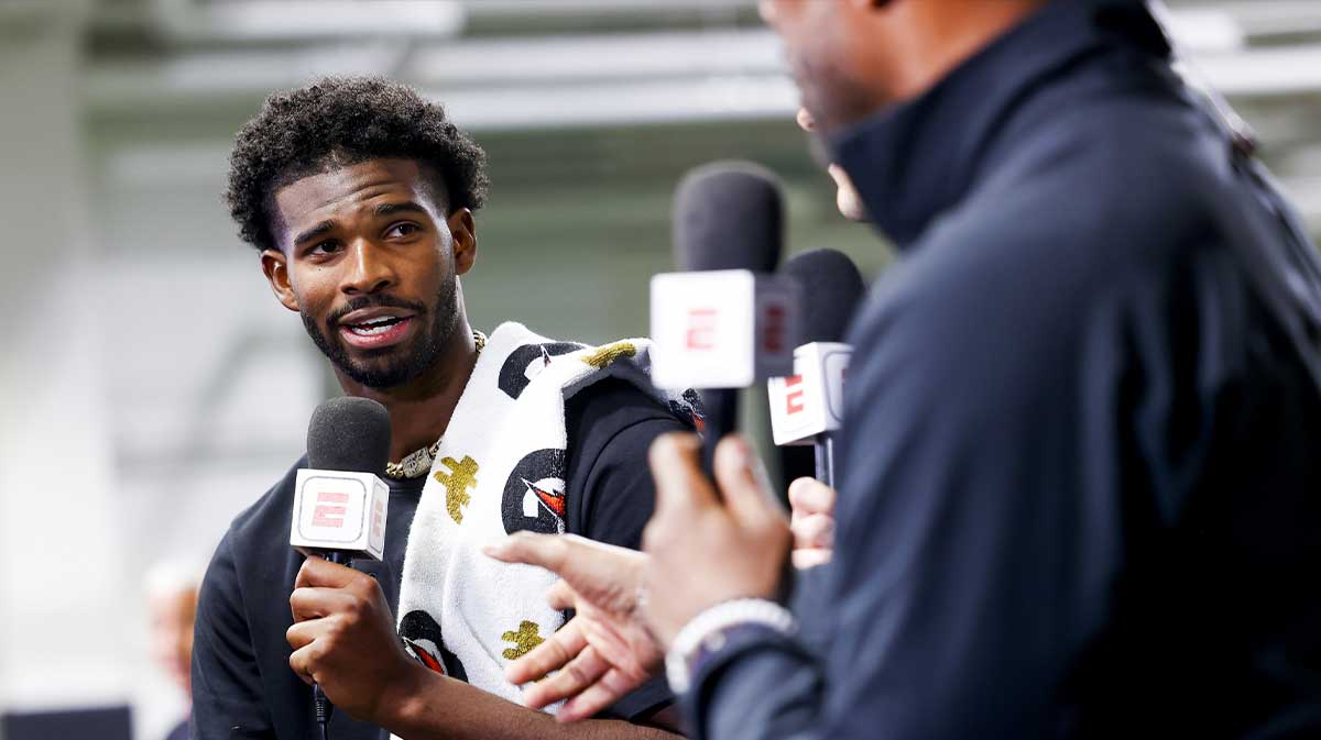 Colorado Buffaloes quarterback Shedeur Sanders (2) talks to ESPN after the University of Colorado NFL Showcase at the CU Indoor Practice Facility. Mandatory Credit: Michael Ciaglo-Imagn Images
