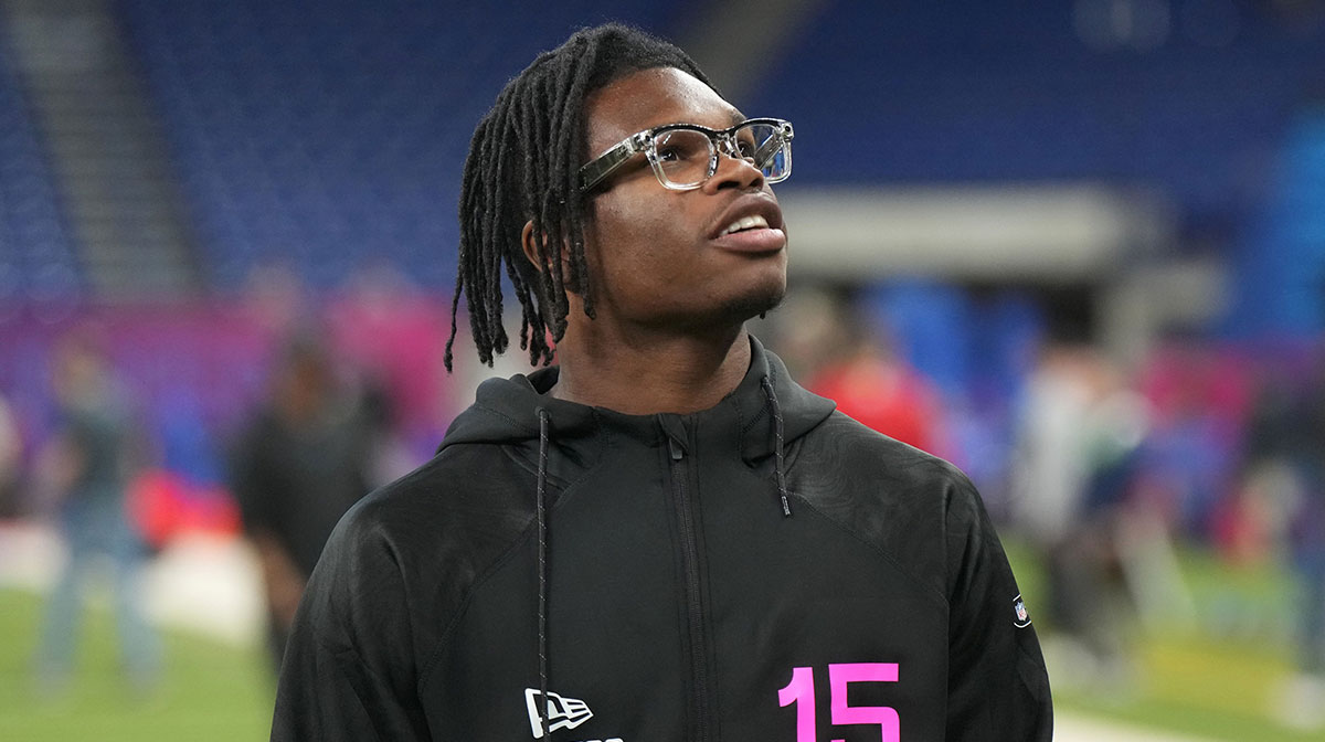 Colorado defensive back Travis Hunter (DB15) looks on during the 2025 NFL Scouting Combine at Lucas Oil Stadium.