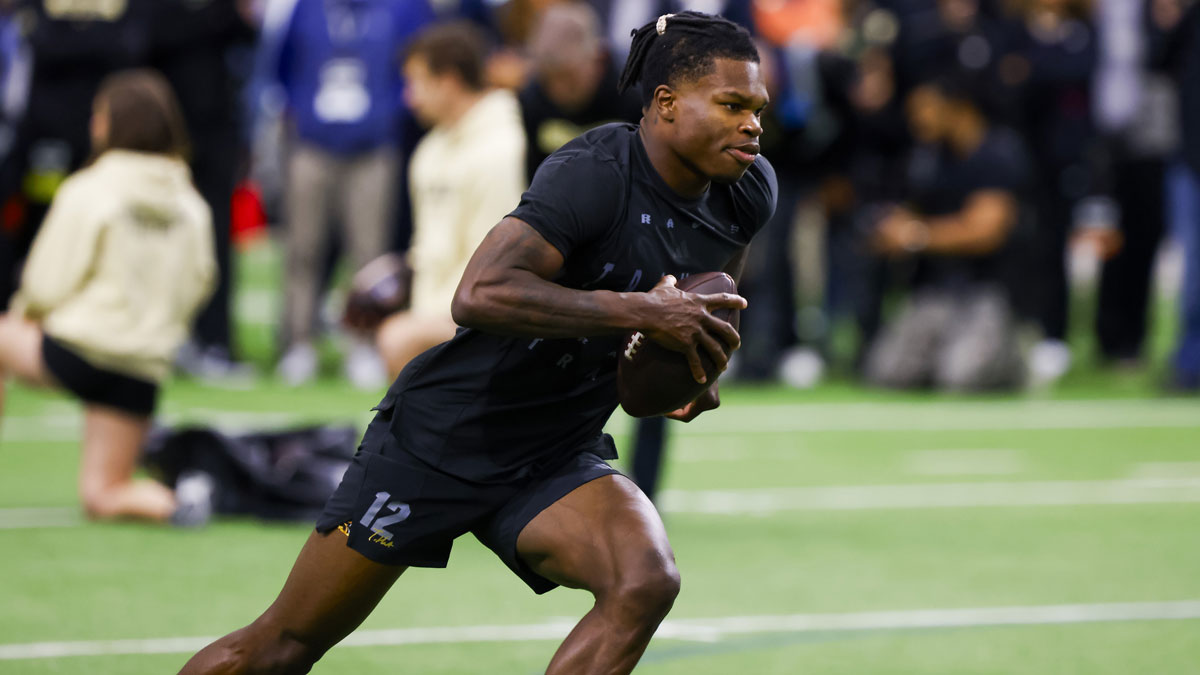 Colorado Buffaloes wide receiver Travis Hunter (12) runs drills at the University of Colorado NFL Showcase at the CU Indoor Practice Facility.