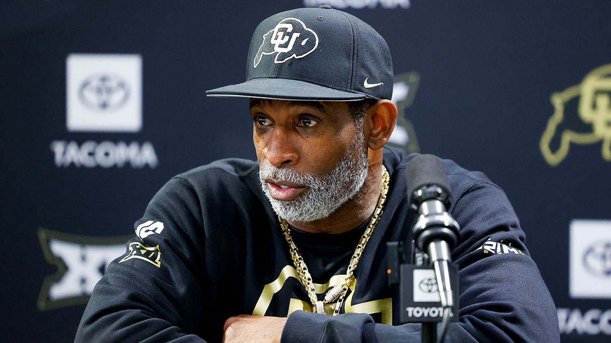 Colorado Buffaloes head coach Deion Sanders speaks to the media at the University of Colorado NFL Showcase at the CU Indoor Practice Facility.