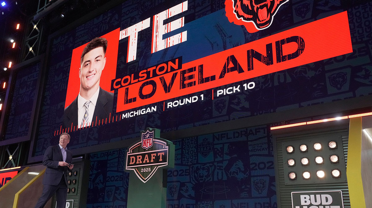 Colston Loveland, TE, Michigan was selected 10th overall by the Chicago Bears during the first round of the 2025 NFL Draft at Lambeau Field on April 24, 2025 in Green Bay, Wisconsin.
