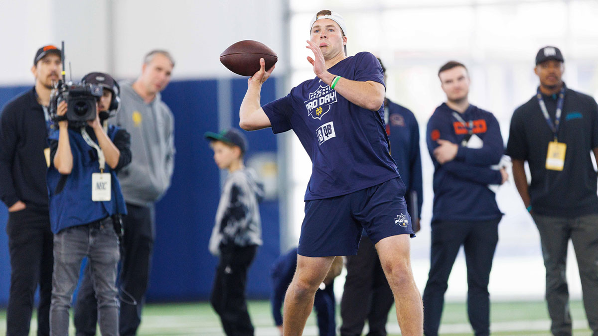 Quarterback Riley Leonard during Notre Dame football's Pro Day at Irish Athletic Center on Thursday, March 27, 2025, in South Bend.
