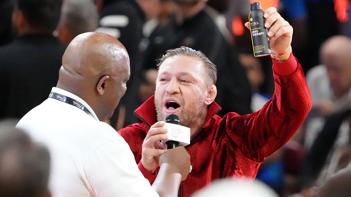 MMA fighter Conor McGregor during halftime in game four of the 2023 NBA Finals between the Miami Heat and Denver Nuggets at Kaseya Center.