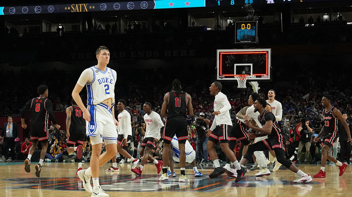 Duke Blue Devils forward Cooper Flagg (2) reacts after their loss to the Houston Cougars in the semifinals of the men's Final Four of the 2025 NCAA Tournament at the Alamodome.