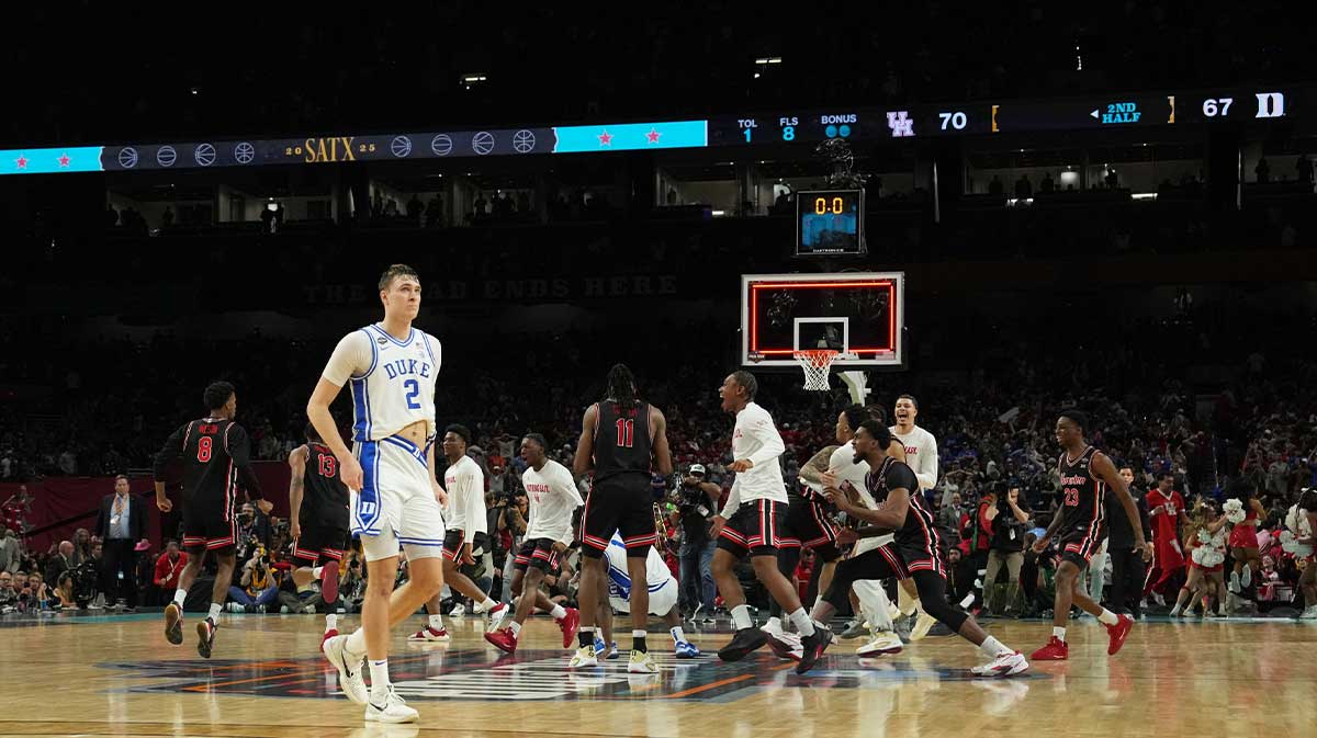 Duke Blue Devils forward Cooper Flagg (2) reacts after their loss to the Houston Cougars in the semifinals of the men's Final Four of the 2025 NCAA Tournament at the Alamodome.