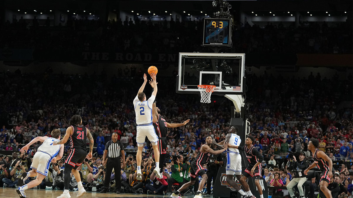 Duke Blue Devils forward Cooper Flagg (2) shoots against the Houston Cougars in the second half in the semifinals of the men's Final Four of the 2025 NCAA Tournament at the Alamodome.