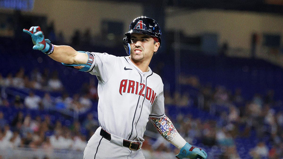 Arizona Diamondbacks right fielder Corbin Carroll (7) reacts after his grand slam against the Miami Marlins during the sixth inning at loanDepot Park. All players wore #42 for Jackie Robinson Day.