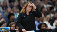 UCLA Bruins head coach Cori Close reacts during the third quarter in a semifinal of the women's 2025 NCAA tournament against the Connecticut Huskies at Amalie Arena.
