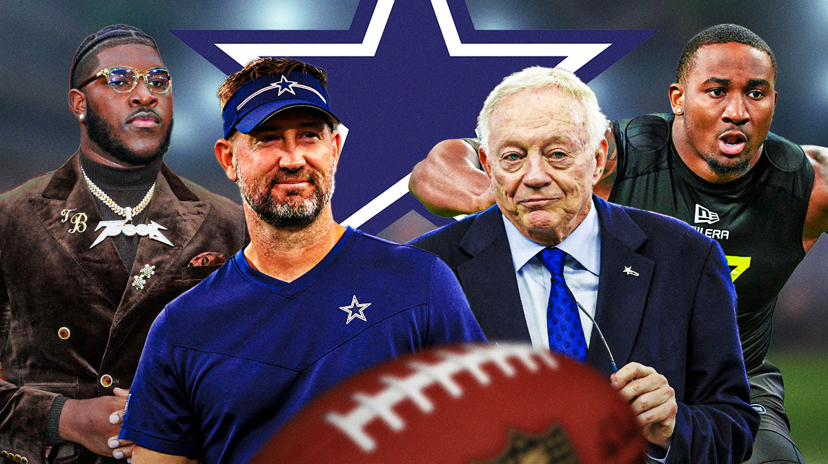 Coach Brian Schottenheimer, GM Jerry Jones, Tyler Booker, Donovan Ezeiruaku beside each other, Dallas Cowboys wallpaper in the background