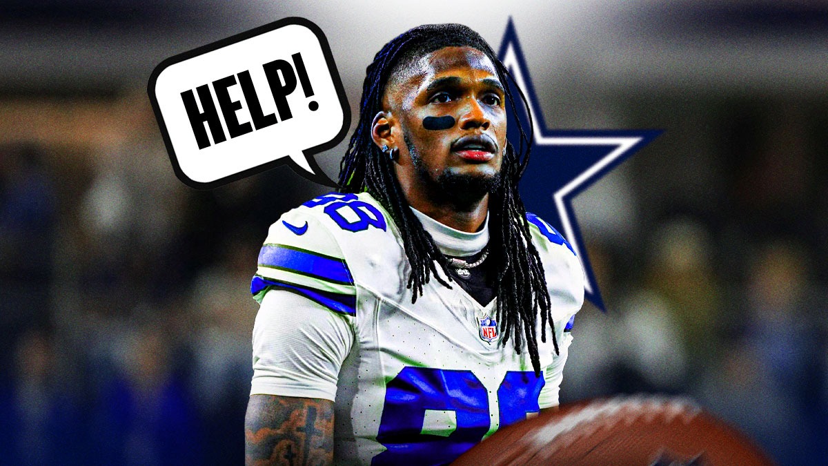 Featured Graphic idea: Cowboys wideout CeeDee Lamb with speech bubble next to him that says (Help!). Cowboys logo in background