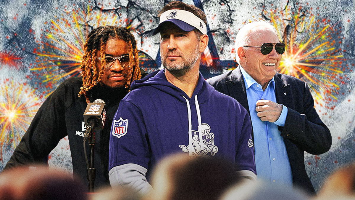 Coach Brian Schottenheimer, GM Jerry Jones, Shavon Revel beside each other, Dallas Cowboys wallpaper and fireworks in the background