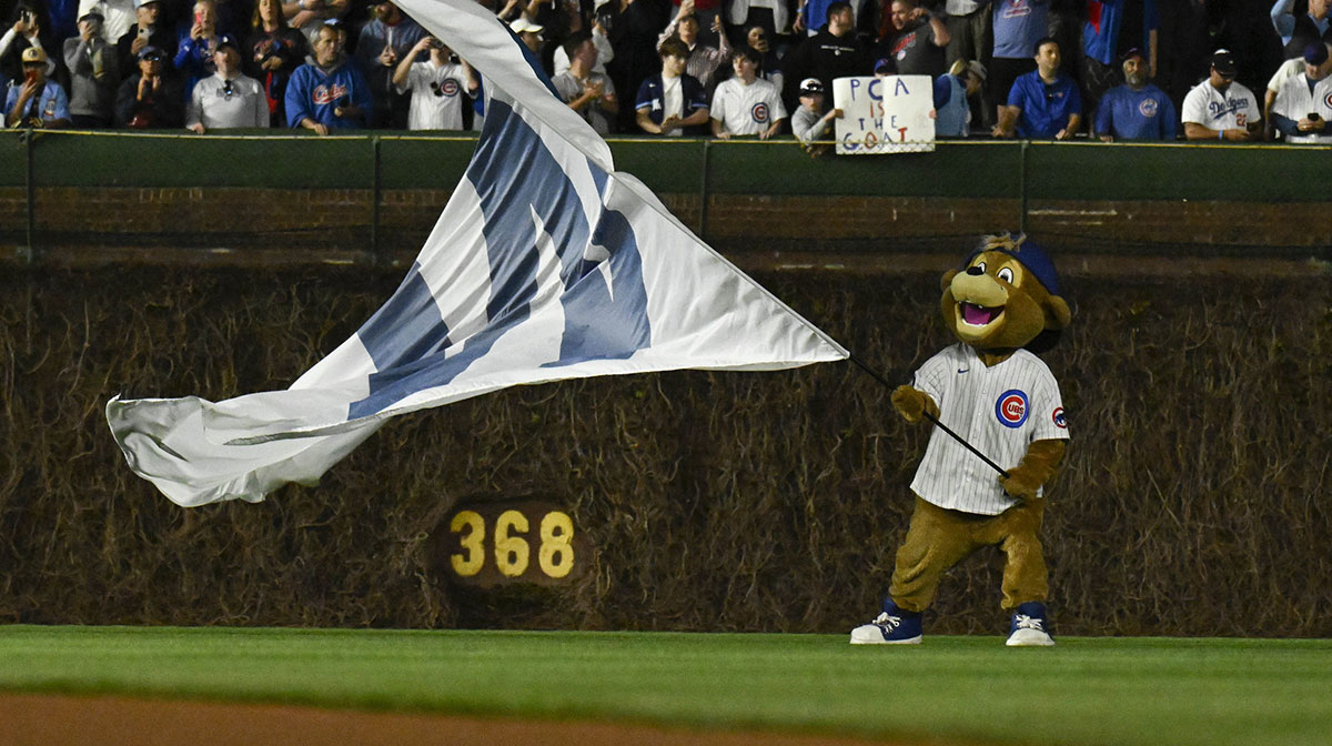 Chicago Cubs mascot Clarke after the game against the Los Angeles Dodgers at Wrigley Field.
