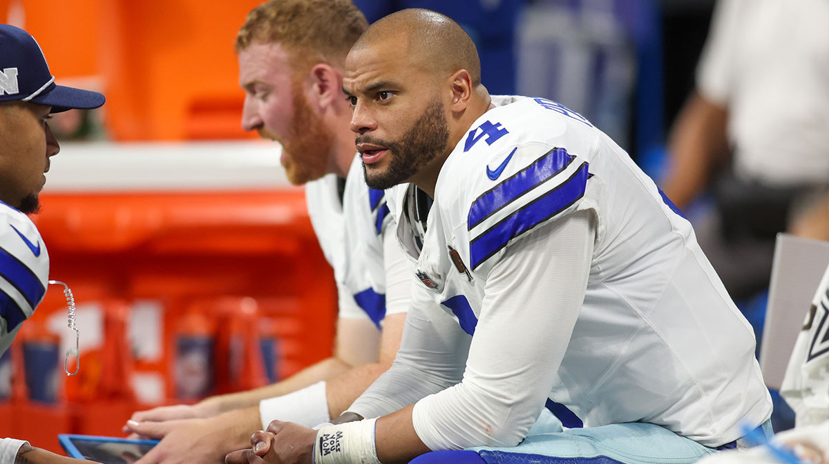 Dallas Cowboys quarterback Dak Prescott (4) on the bench against the Atlanta Falcons in the fourth quarter at Mercedes-Benz Stadium.