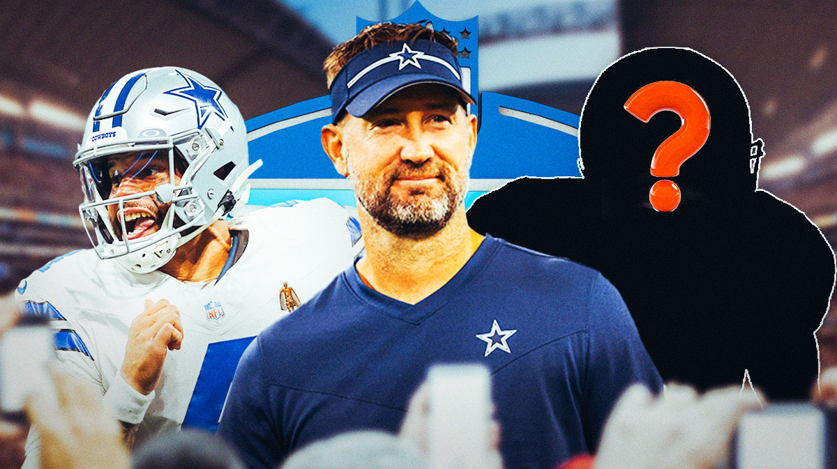 Dallas Cowboys head coach Brian Schottenheimer with QB Dak Prescott and a silhouette of an American football player with a big question mark emoji inside. There is also a logo for the 2025 NFL Draft.
