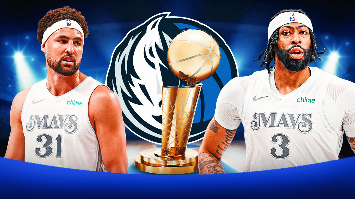 Klay Thompson, Anthony Davis beside each other, Dallas Mavericks logo & NBA Larry O'Brien trophy in the background