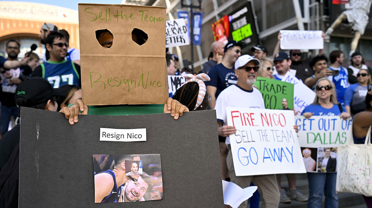 Dallas Mavericks fans gather outside the arena before the game between the Dallas and the Houston Rockets to protest the Nico Harrison trade of former Mavericks point guard Luka Doncic to the Los Angeles Lakers.