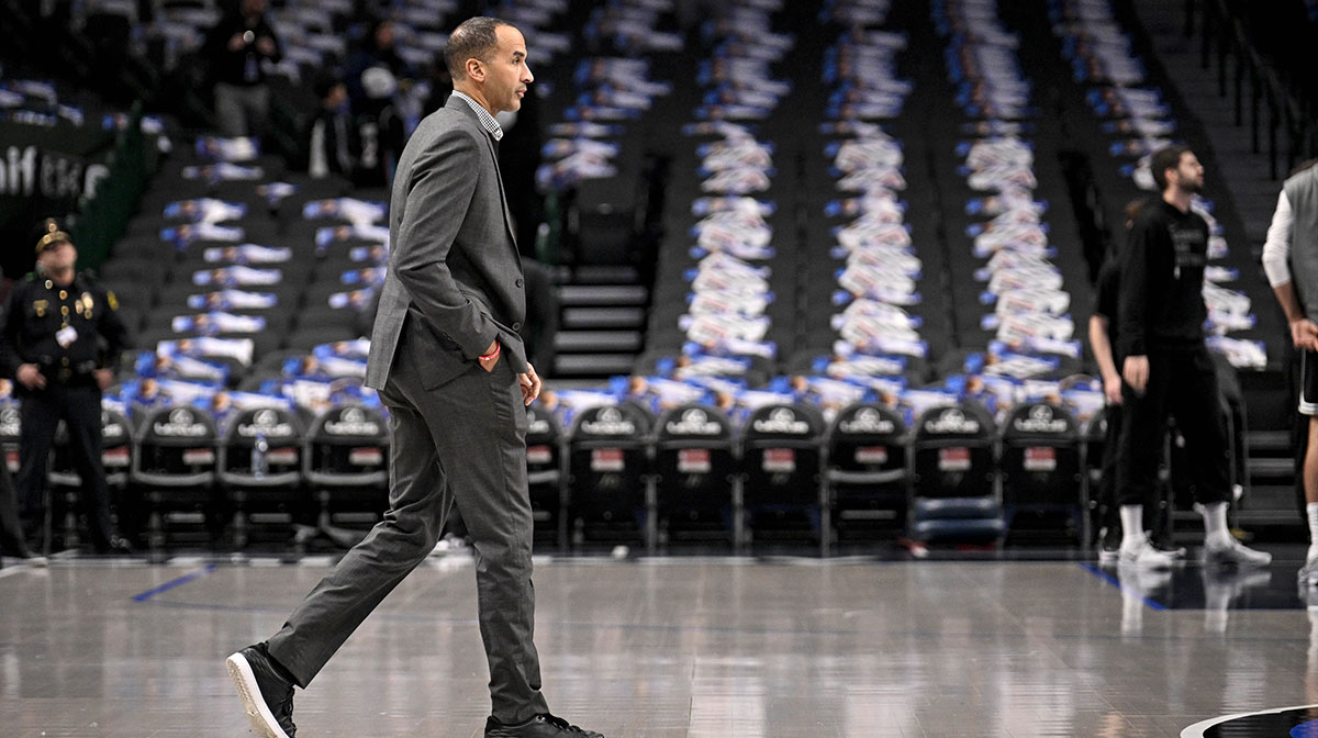 Dallas Mavericks general manager Nico Harrison walks on to the court before the game between the Dallas and the Sacramento Kings at the American Airlines Center.
