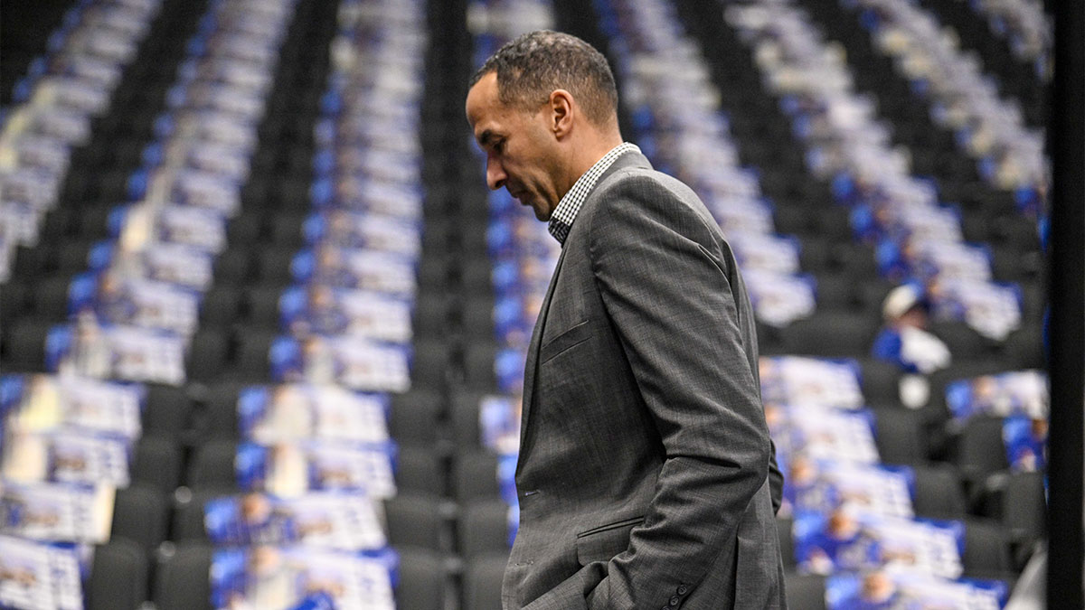 Dallas Mavericks general manager Nico Harrison walks off the court before the game between the Dallas and the Sacramento Kings at the American Airlines Center.