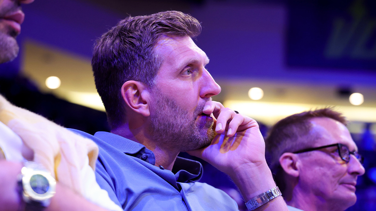 Dallas Mavericks former player Dirk Nowitzki in attendance at the game between the Dallas Wings and Chicago Sky during the first half at College Park Center.